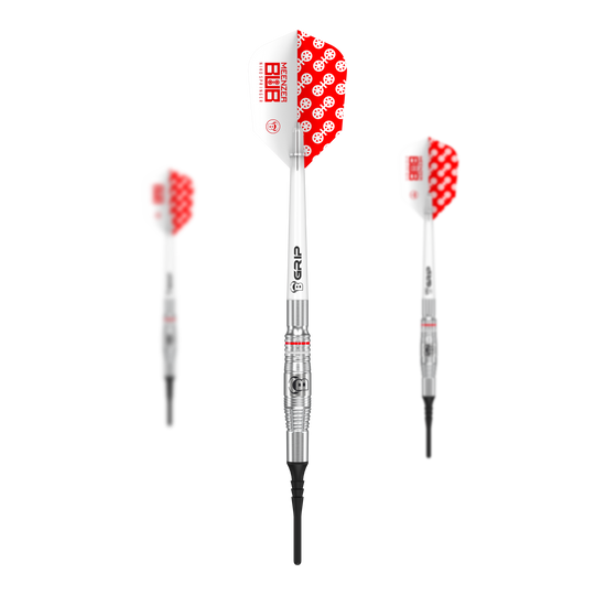 Bulls Niko Springer soft darts - 22g Das Bild zeigt drei Softdarts des Modells 'Bulls Niko Springer' mit einem Gewicht von 22g. Die Darts haben silberne Schäfte und weiße Flights mit einem roten Punktmuster.
