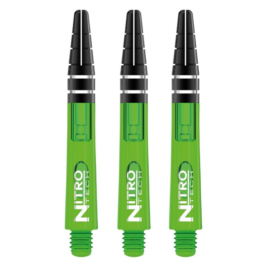 C445_Nitrotech_Short_Green_V RedDragon Nitrotech Shafts Green dargestellt im oberen Bereich. Sie bestehen aus mehreren glatten Segmenten.