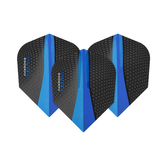 Das Bild zeigt drei Harrows Retina Blau No6 Flights für Darts. Die Flights sind schwarz mit einem blauen Streifen und Wabenmuster gestaltet.