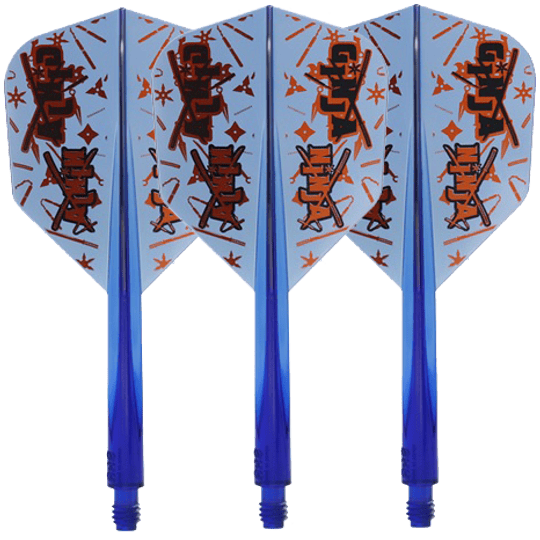 Auf dem Bild sind drei blaue Dartflights mit dem Namen "Condor Axe Ginja Ninja Matt Campbell Flight-Shaft - Small" zu sehen. Die Flights haben ein auffälliges Design mit orangen und schwarzen Mustern.