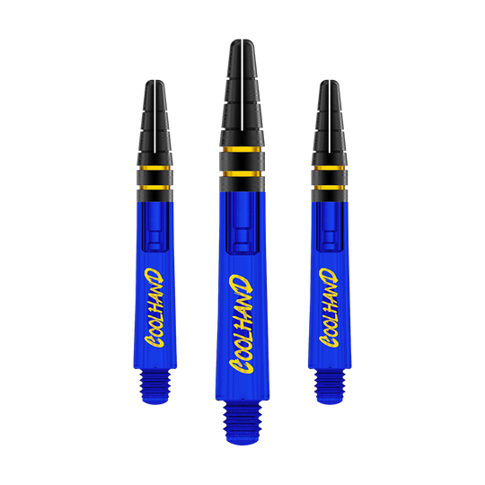 Red Dragon Nitrotech Luke Humphries Coolhand Shafts - Blue Das Bild zeigt drei blaue Dartschäfte mit der gelben Aufschrift "COOLHAND". Die Schäfte haben schwarze und goldene Akzente am oberen Ende.