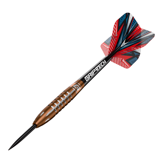 GOAT Quarterback V2 Tungsten Steel Darts - 24g Das Bild zeigt einen Steeldart namens "GOAT Quarterback V2 Tungsten" mit einem Gewicht von 24 Gramm. Der Dart hat ein auffälliges Design mit roten, schwarzen und silbernen Akzenten sowie dem Schriftzug "GRIPTECH" auf dem Schaft.