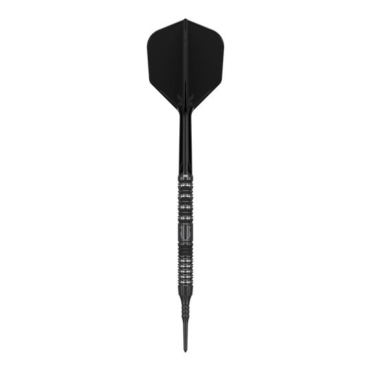 Das Bild zeigt einen schwarzen Softdart der Marke "Target Japan Black Marque Draco GEN2" mit einem Gewicht von 20g. Der Dart hat ein elegantes, modernes Design mit metallischen Akzenten am Griff.