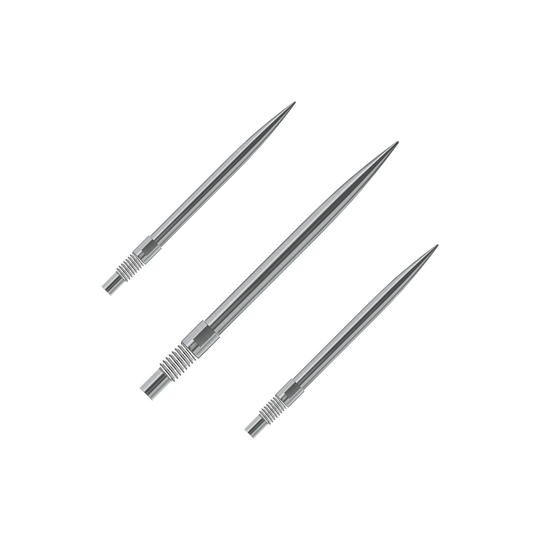 Gezeigt wird ein Set Harrows QuickPoint Dartspitzen in Silber mit 30mm Länge. Dieses Bild verdeutlicht den Lieferumfang der Dartspitzen.