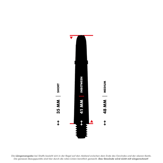 Shot Koi Carbon Shafts - Red Das Bild zeigt einen Dart-Schaft mit einer Länge von 41 mm, der als "Inbetween" bezeichnet wird. Die roten Linien markieren, dass die Längenangabe ohne das Gewinde gemessen wird.