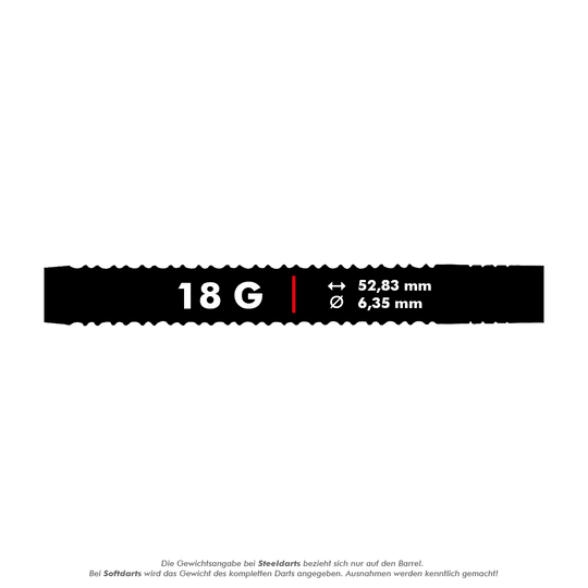 04188_Unicorn_World_Champion_Natural_Phase_3_Gary_Anderson_Softdarts_5_18g Das Bild zeigt die Angaben für das Produkt "Unicorn World Champion Natural Phase 3 Gary Anderson Softdarts - 18g". Es wiegt 18 Gramm, ist 52,83 mm lang und hat einen Durchmesser von 6,35 mm.
