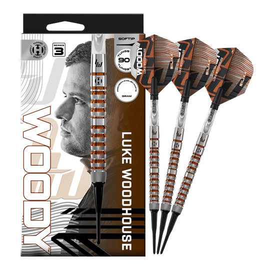 Abbildung der Harrows Luke Woodhouse Series 3 Softdarts - 18g. Die Darts werden vollständig dargestellt.