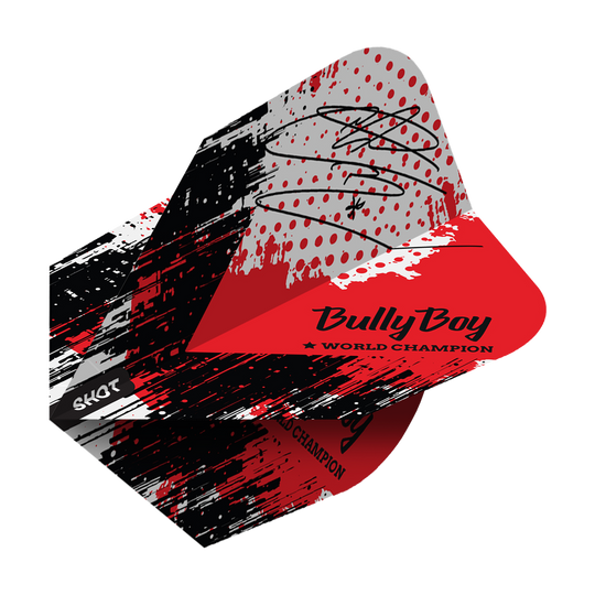 Das Bild zeigt die "Shot Michael Smith Bully Boy Game Day No6 Flights" mit einem rot-schwarzen Design und Unterschrift. Auf dem Flight steht "Bully Boy World Champion" und das Shot-Logo ist sichtbar.