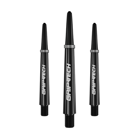 Das Bild zeigt drei schwarze Dart-Schäfte mit der Aufschrift "GRIPTECH" in weißer Farbe. Sie sind schlank geformt und haben silberne Ringe am oberen Ende.