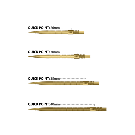 Das Bild zeigt Harrows Quick Point Micro Ridge Dartspitzen in Gold. Die goldene Farbe verleiht ihnen ein auffälliges Aussehen.