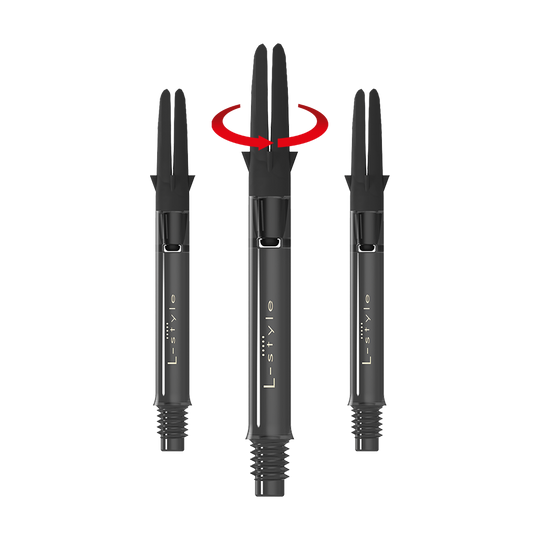 L-L-Style-Shaft Carbon Silent Straight - Schwarz Das Bild zeigt drei schwarze Dart-Schäfte der Marke L-Style in einer geraden Anordnung. Über dem mittleren Schaft befindet sich ein roter Pfeil, der eine Drehbewegung anzeigt.