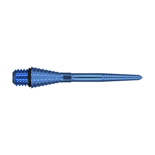 380177_Target_Titanium_Swiss_Point_Grooved_Conversion_Points_Blau_30mm_2 Das Bild zeigt eine blaue, gerillte Titanspitze mit Schraubgewinde. Sie ist lang und schmal mit einer konischen Form und feinen Rillen entlang ihrer Länge.