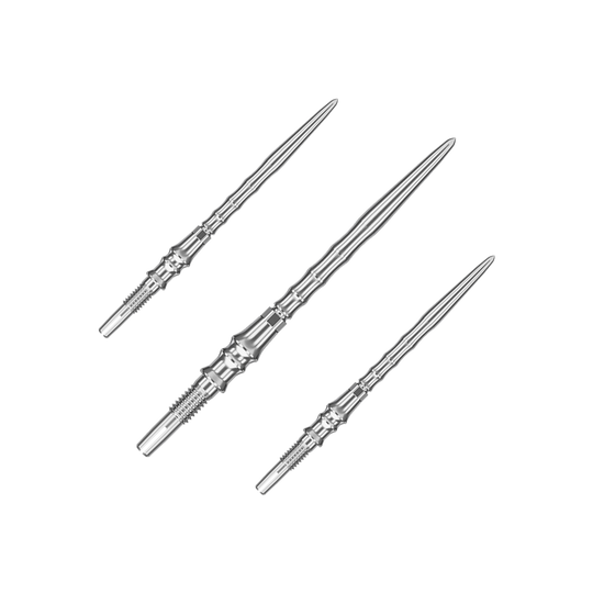 Das Bild zeigt ein Set silberner SwissPoint-Dartspitzen mit 35 mm Länge. Diese Dartspitzen stammen aus der Target Japan Premium Kollektion.