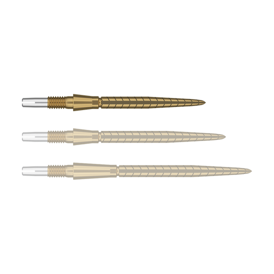 Target Swiss Storm Quartz Dart Tips - Gold Auf dem Bild sind drei goldene Dartspitzen in einer Reihe zu sehen. Sie haben ein spiralförmiges Muster und am hinteren Ende einen silbernen Abschnitt.