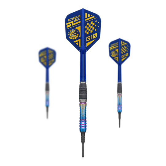 Auf dem Foto ist das Set Target Japan Rising Sun GEN10 Softdarts - 21,5g zu sehen. Das Set enthält mehrere hochwertige Dartpfeile.