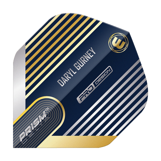 Das Bild zeigt ein Winmau Prism Delta Daryl Gurney No2 Standard Dart Flight. Das Design ist überwiegend dunkelblau mit silbernen und goldenen Streifen und enthält den Namen "Daryl Gurney".