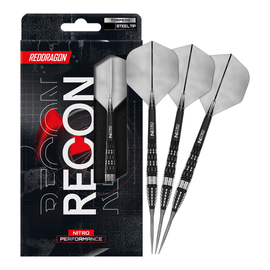 Auf dem Bild ist ein vollständiger Satz Red Dragon Recon Torpedo Steeldarts dargestellt. Diese Steeldarts sind speziell für präzises Spielen entwickelt.
