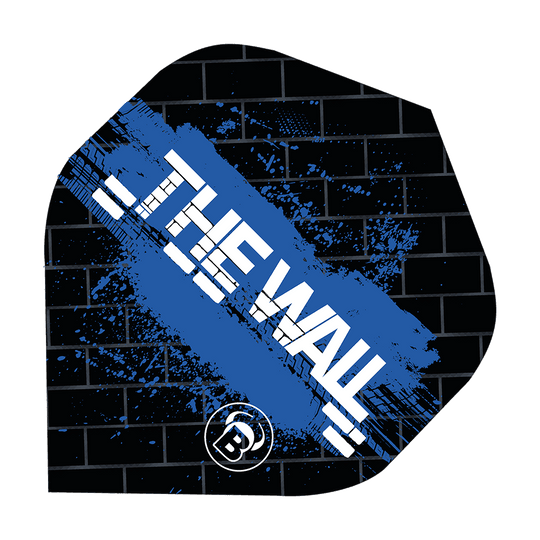Bulls B-Star Martin Schindler Black Blue No2 Standard Flights Das Bild zeigt ein Dartflight im schwarzen und blauen Design mit der Aufschrift "THE WALL". Im Hintergrund ist ein Ziegelmuster zu sehen, und unten befindet sich ein rundes Logo mit einem "B".