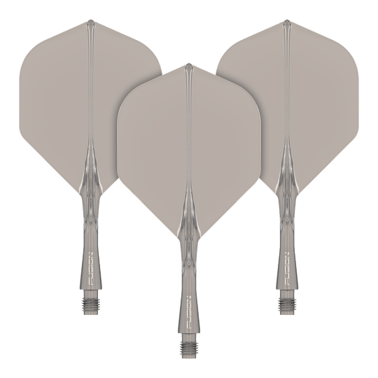 Winmau Fusion Flight Shaft System Standard Smokey Das Bild zeigt drei graue Dart-Flights mit transparenten Schäften. Sie sind ordentlich nebeneinander angeordnet und haben eine standardisierte Pfeilform.