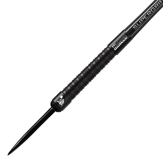 Harrows Supergrip Black Edition steel darts Das Bild zeigt einen schwarzen Steeldart der Marke Harrows aus der Supergrip Black-Edition. Der Dart hat ein geriffeltes Griffstück und ein elegantes, komplett schwarzes Design.