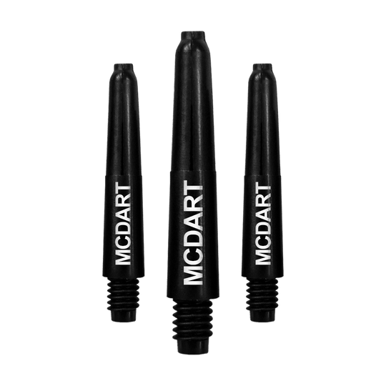 Das Bild zeigt drei schwarze Nylon-Dartschäfte mit der Aufschrift "MCDART". Sie sind in einer aufrechten Position nebeneinander angeordnet.