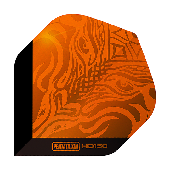 Pentathlon HD150 Metallic Orange Standard Flights Das Bild zeigt ein Pentathlon HD150 Metallic Orange Standard Flight. Das Design ist orange mit metallischem Glanz und auffälligen Mustern.