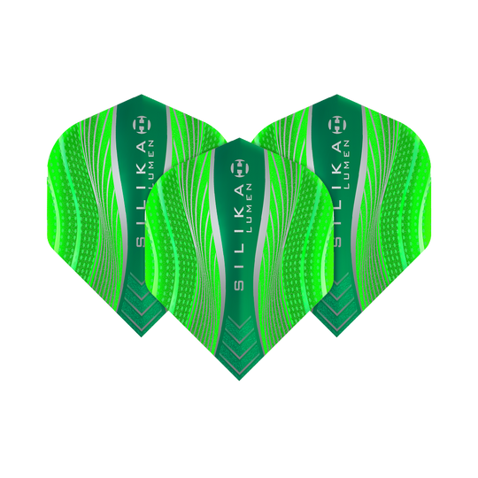 Das Bild zeigt drei grüne Harrows Silika Lumen No2 Standard Flights. Die Flights haben ein modernes Muster mit weißen und grünen Linien sowie der Aufschrift "SILIKA LUMEN".