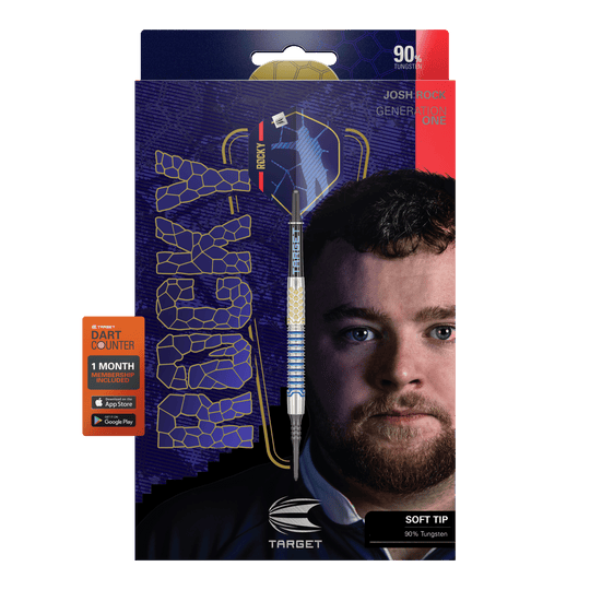 Target Josh Rock GEN1 Soft Darts - 20g Die Abbildung zeigt die Softdarts "Target Josh Rock GEN1" mit einem Gewicht von 20g. Auf der Verpackung ist ein Porträt eines Mannes sowie die Angabe "90% Tungsten" und "SOFT TIP" zu sehen.