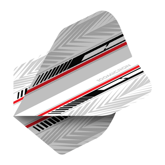 Das Bild zeigt ein Dart-Flight mit dem Namen "Pentathlon White Black Red No2 Standard Flights". Es ist überwiegend weiß und grau mit schwarzen und roten Akzenten und geometrischem Muster gestaltet.