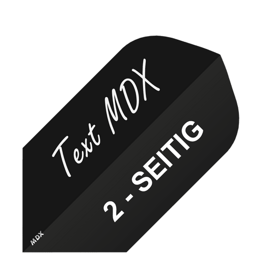 Das Bild zeigt ein schwarzes Quadrat mit weißem Text. Darauf steht „Text MDX“ und „2-SEITIG“.