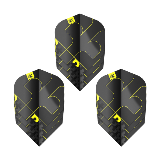 Target ProUltra Bolide Void No6 Flights Das Bild zeigt drei Target ProUltra Bolide Void No6 Flights. Die Flights sind schwarz mit gelben Akzenten und besitzen ein modernes, geometrisches Design.