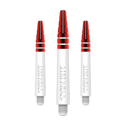 C803_Red_Dragon_Nitrotech_Peter_Wright_White_Red_Shafts_39mm_1 Das Bild zeigt drei rote und weiße Dartschäfte mit der Aufschrift "Snakebite". Es handelt sich um das Produkt "Red Dragon Nitrotech Peter Wright Red Shafts - 39mm".