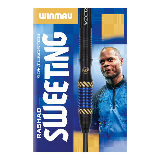 Winmau Rashad Sweeting Steeldarts - 24g Das Bild zeigt die Verpackung der "Winmau Rashad Sweeting Steeldarts - 24g". In der Mitte ist ein Dartpfeil abgebildet, daneben ist eine Person in einem blauen Outfit zu sehen.