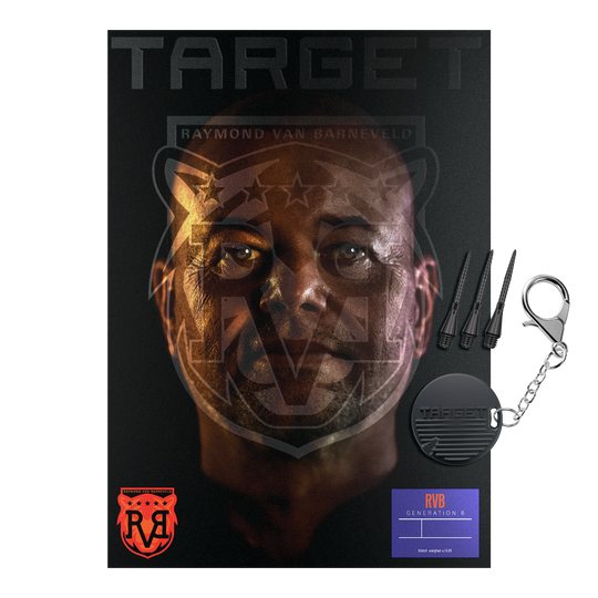 Zu sehen sind die Target Raymond Van Barneveld GEN6 Softdarts. Die Darts werden im Detail von der Seite dargestellt.