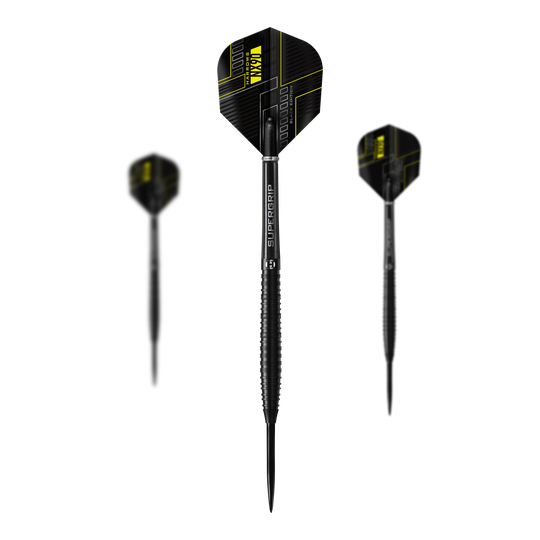 Harrows NX90 Black Edition steel darts Das Bild zeigt drei schwarze Steeldarts der Marke Harrows NX90 Black-Edition. Die Darts haben gelbe Akzente und sind mit "SUPERGRIP" beschriftet.