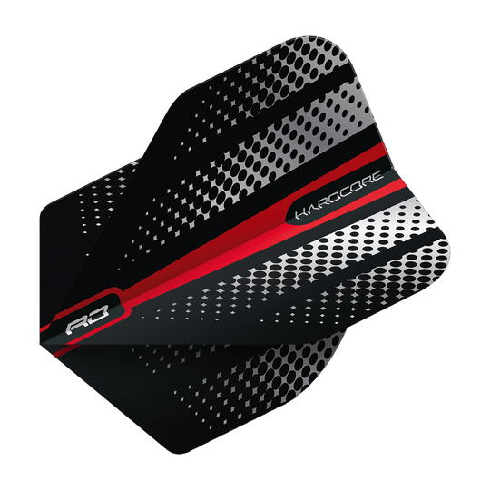 TF6512_Red_Dragon_Hardcore_Radical_Red_Flash_Standard_Flights_2 Das Bild zeigt einen Dartflight mit schwarzem Grund, roten und weißen Streifen sowie silbernen Punktmustern. Auf dem Flight steht das Wort "Hardcore".