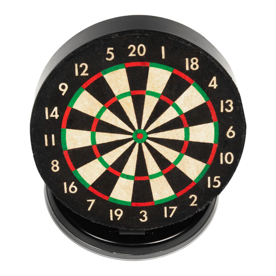 Ruthless Mini Desktop Dartboard Set Das Bild zeigt eine kleine, runde Dartscheibe mit farbigen Markierungen und Zahlen. Sie ist als Mini-Desktop-Set gestaltet und eignet sich für den Schreibtisch.