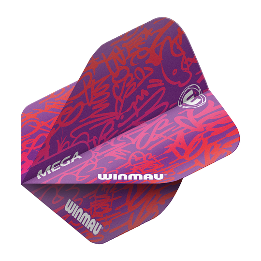 6900-242_Winmau_Mega_Red_Standard_Flights_2 Das Bild zeigt die "Winmau Mega Red Standard Flights" für Darts. Sie sind lila mit roten grafischen Mustern und dem weißen Winmau-Logo bedruckt.