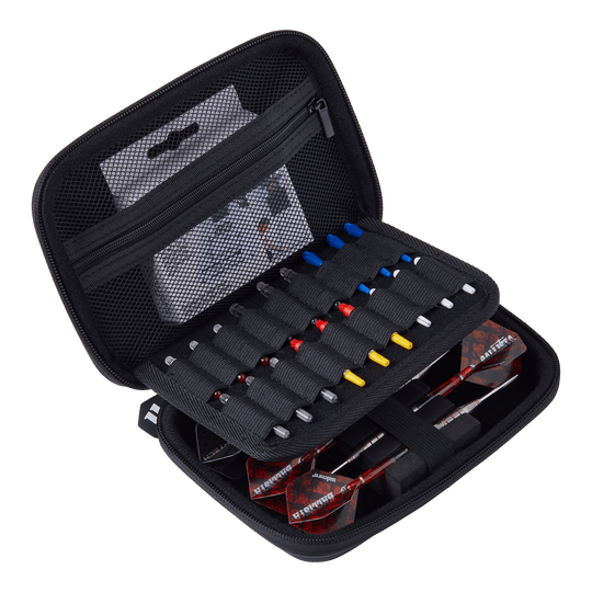 Unicorn Ultra Gary Anderson dart wallet Das Bild zeigt das Produkt "Unicorn Ultra Gary Anderson Dartwallet". Das Dartwallet ist offen und enthält mehrere Ersatzteile sowie zwei zusammengebaute Darts.