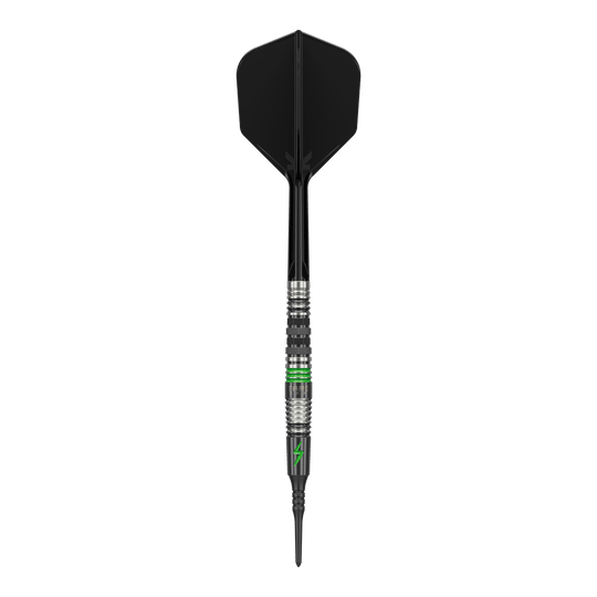 Target Japan Black Marque Lightning 3 Soft Darts - 19g Dieses Bild zeigt einen Softdart mit dem Namen "Target Japan Black Marque Lightning 3" mit einem Gewicht von 19g. Der Dart ist überwiegend schwarz mit silbernen und grünen Akzenten gestaltet.