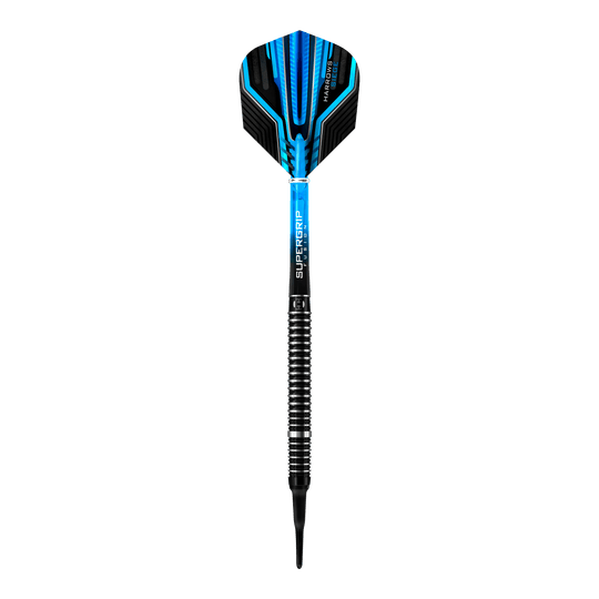 Dies ist ein Harrows Siege Softdart mit einem modernen, blauen Design. Der Dart hat einen schwarzen gerillten Griff und eine auffällige Flight.