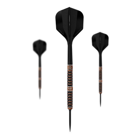 Das Bild zeigt die Harrows Wolfram Trinity Quick Point Steeldarts. Ein Satz Steeldarts mit moderner Optik ist abgebildet.