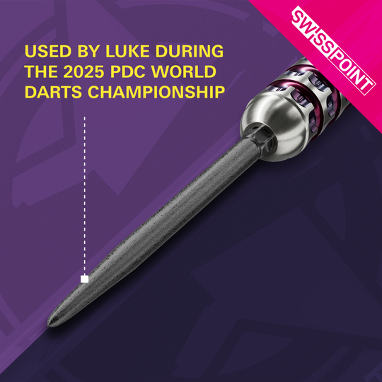 Das Bild zeigt die Target Swiss Point SLK Dartspitzen in Schwarz. Sie wurden von Luke während der PDC Darts-Weltmeisterschaft 2025 verwendet.