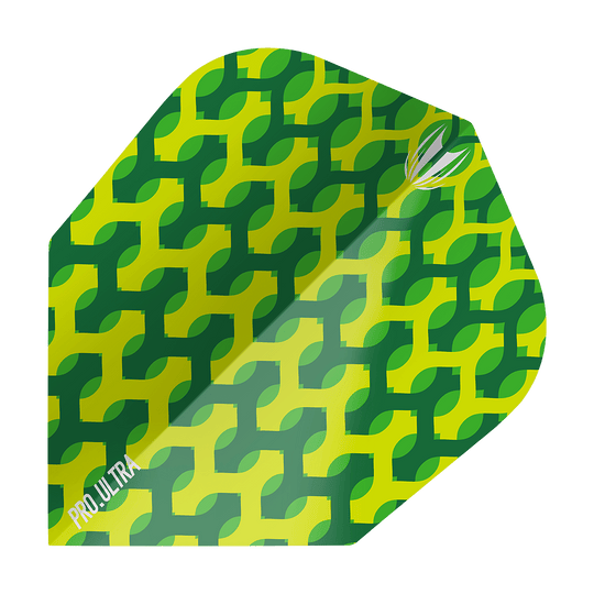 Das Bild zeigt das Produkt "Target ProUltra Fabric Green Ten-X Flights". Die Flight-Kappe hat ein grünes und gelbes Muster mit geometrischem Design.