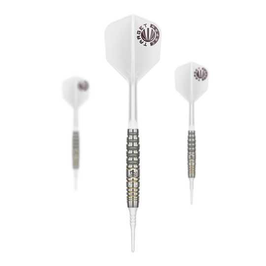 Target Japan Prime Series Mayujo Morita GEN6 Soft Darts - 18g Das Bild zeigt drei Softdarts der Serie „Target Japan Prime Series Mayujo Morita GEN6“ mit einem Gewicht von 18g. Die Darts haben weiße Flights und einen silber-schwarzen Barrel mit goldenen Akzenten.