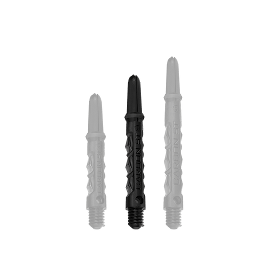 HR435_Harrows_Carbon_ST_Shafts_Schwarz_40mm_1V1fjkppyyNJnt Das Bild zeigt drei schwarze Harrows Carbon ST Shafts in verschiedenen Längen. Die Dartschäfte bestehen aus robustem Material und haben ein modernes Design.