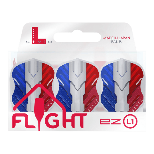L-Style V-Series V1 Type B France Clear White L1EZ Flights Das Bild zeigt eine Packung L-Style V-Series V1 Type B France Clear White L1EZ Flights. Die Flights sind in den Farben Blau, Weiß und Rot gestaltet und werden in Japan hergestellt.