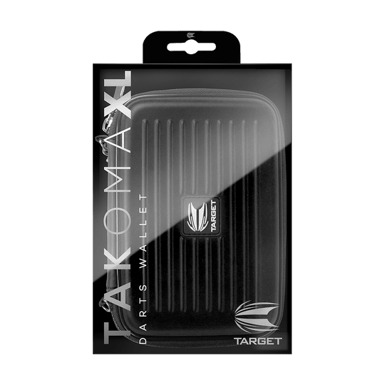 125828_Target_Takoma_XL_Dartwallet_Schwarz_3 Das Bild zeigt das Produkt "Target Takoma XL Dartwallet" in seiner Verpackung. Die Darttasche ist schwarz und hat ein modernes, geriffeltes Design mit dem Target-Logo auf der Vorderseite.