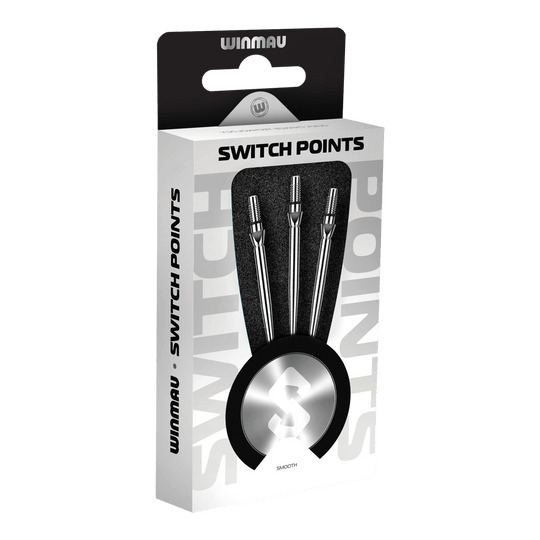 Abgebildet sind Winmau Switch Point Smooth Steeldartspitzen in Silver Effect. Diese glatten Dartspitzen sind silbern und für Steeldarts geeignet.