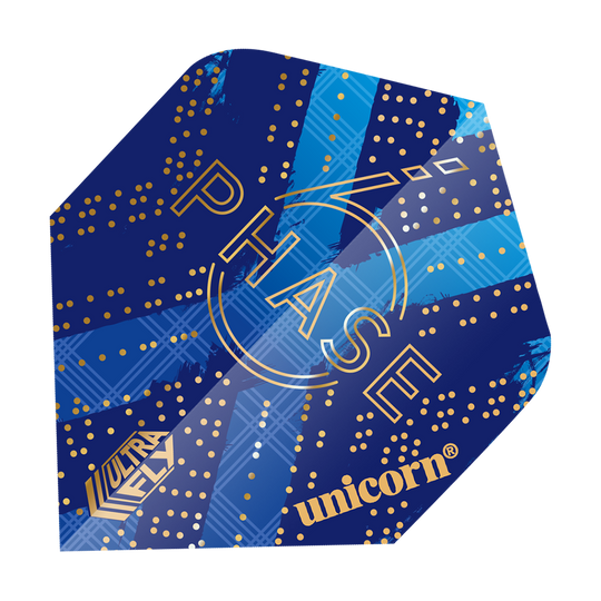 69451_Unicorn_World_Champion_Gary_Anderson_Phase_6_Plus_Flights_1 Das Bild zeigt ein Dart-Flight des Produkts "Unicorn Ultra Fly 100 Gary Anderson World Champion Phase 6 Plus". Das Design ist überwiegend blau mit goldenen Punkten und Schriftzügen.